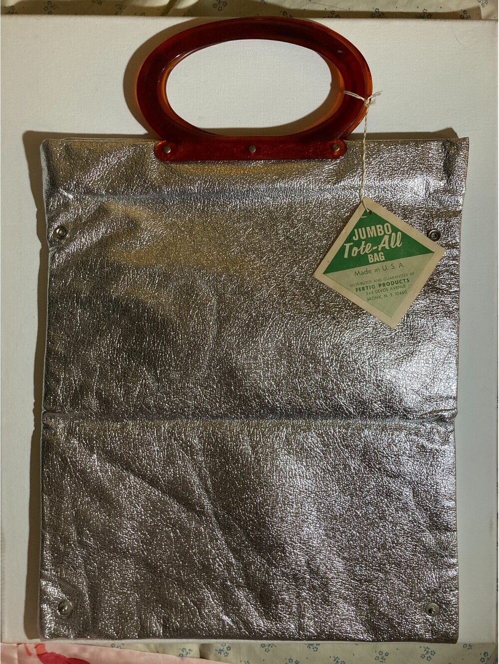 Vintage Silver 1960s Jumbo Tote All Bag Purse Fertig Products USA Foldable w/tag